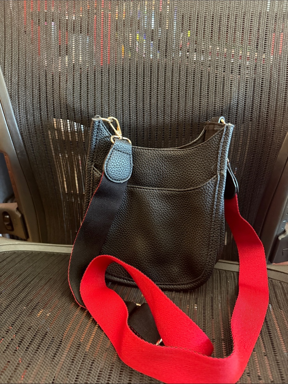 Black Pebbled Crossbody Bag with Red Webbed Strap faux super soft leather